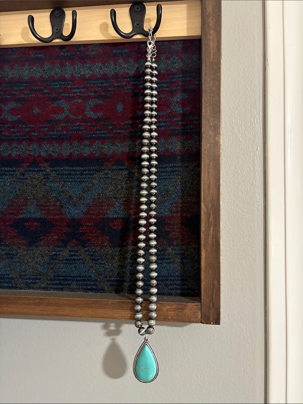 Western Faux Navajo Pearl Bead Necklace & Turquoise Teardrop Pendant